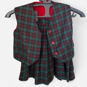 Vintage Girls Green Red Blue Plaid Reversible Vest and Pleated Skirt
